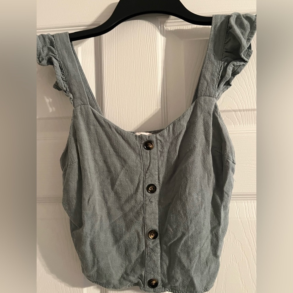 Monteau Gray Ruffled Button-Down Blouse - Picture 2 of 6